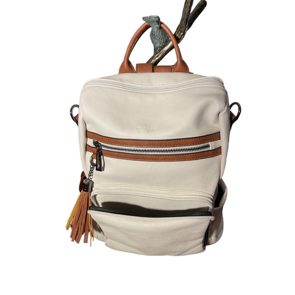 OPAGE Vegan UP Leather Backpack & Purse or Diaper Bag Cream w Brown Leather Trim - Picture 1 of 7
